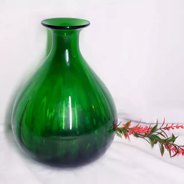 Emerald Green Hand-Blown Glass Vase 8" Tall Scallop Ribbed Inside Vase HD Design