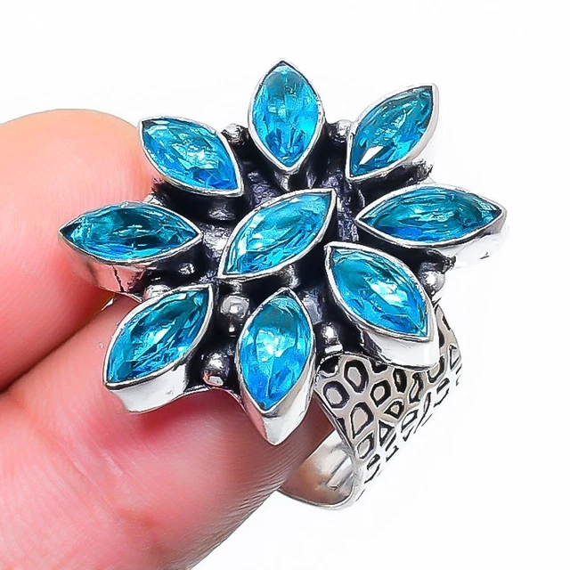 Swiss Blue Topaz Gemstone Handmade Gift Jewelry Ring Size 8 q600