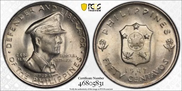 1947-S Philippines 50 Centavos PCGS MS64 Lot#G4893 Silver! MacArthur, KM#184