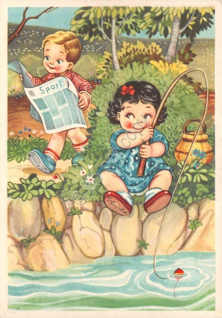 Cartolina Bambini innamorati Brichetto e Trappola pescatore giornale 1955