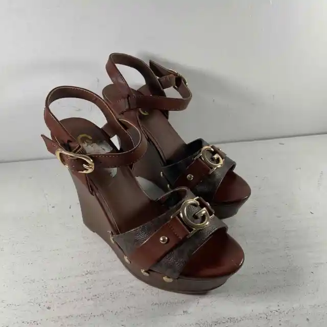 GBG LA Brown Leather Ankle Strap Wedge Sandals Womens 6M