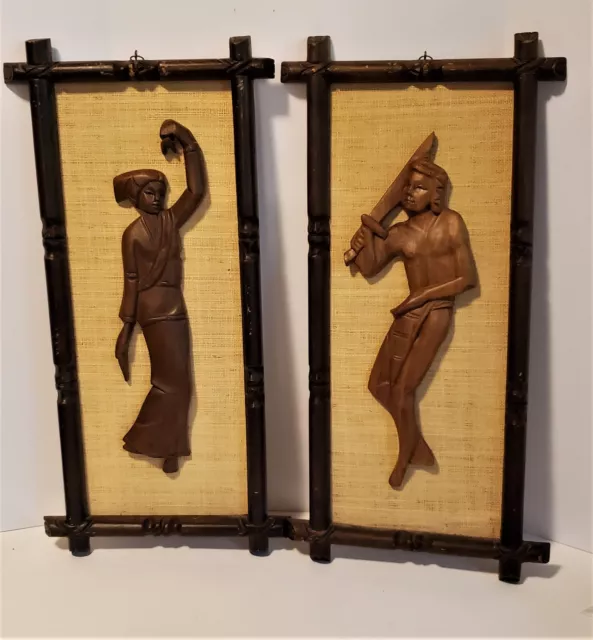 Mid Century Modern Syroco Wood Carved Wall Grouping on Burlap Vintage Home Decor