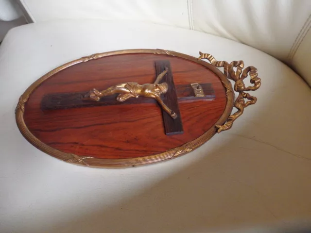 Ancien Christ Bronze Croix Dans Cadre Bronze Dore Et Fond Palissandre Crucifix 2