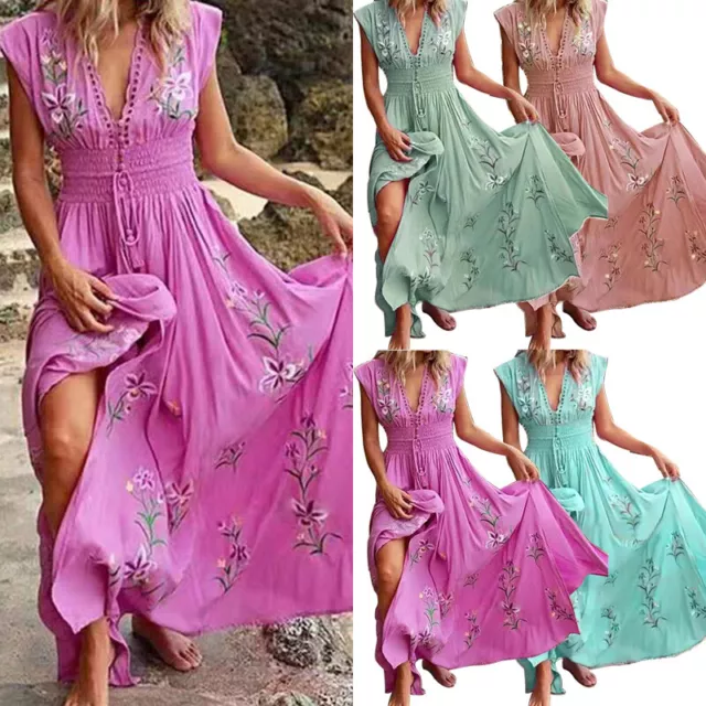 Abito Lungo Floreale Boho Da Donna Abito Da Spiaggia Casual Senza Maniche ☆