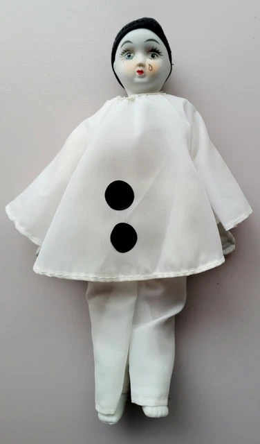 Vtg Pierrot Mime Doll Figure B&W Tear Clowm Bisque Porcelain Hands Feet + Cloth 12