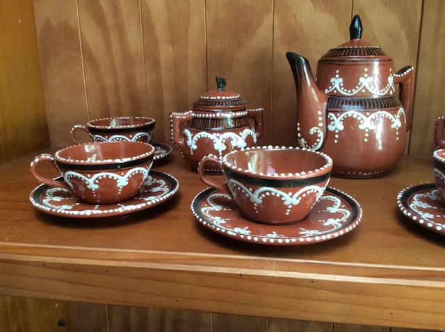 Service à Café Vintage Portugal - Céramique Blanc Et Marron - Années 1920-1949