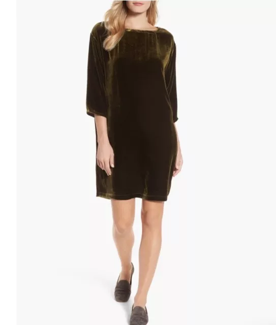 Eileen Fisher Velvet Shift Dress in Dark Olive Green Women’s Sz L