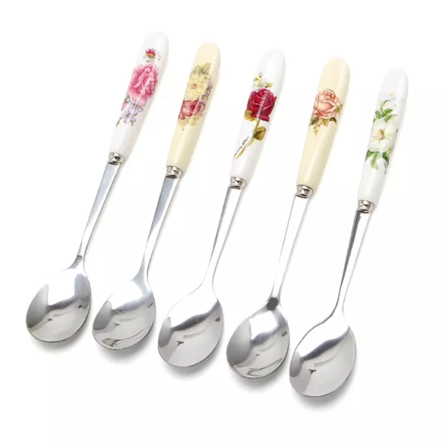 1PC Flower Ceramic Handle Stainless Steel Tea Coffee Ice Cream Spoon Teaspoon