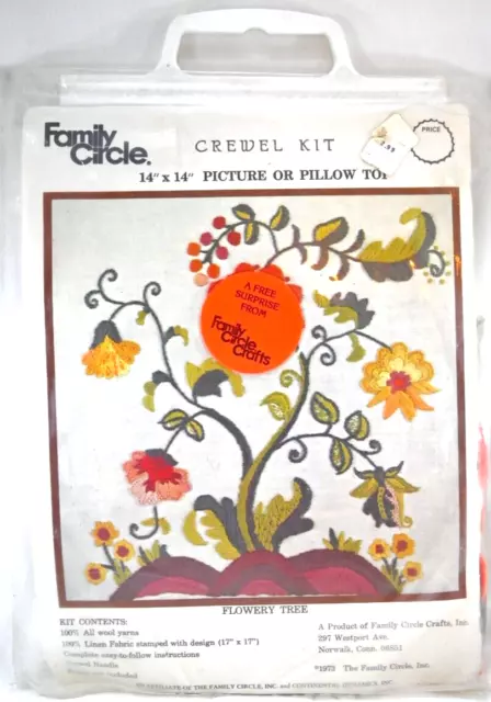 De colección 1973 Flowery Tree Crewel Kit Flores Florales Círculo Familiar 14x14 Imagen