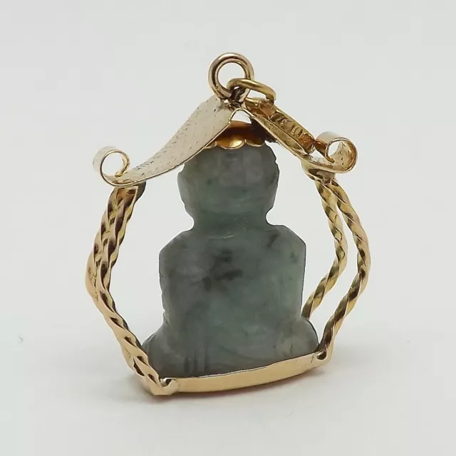 18K Gold 3D Green Jade Buddha in Chinese Pagoda Charm Pendant 5gr 3