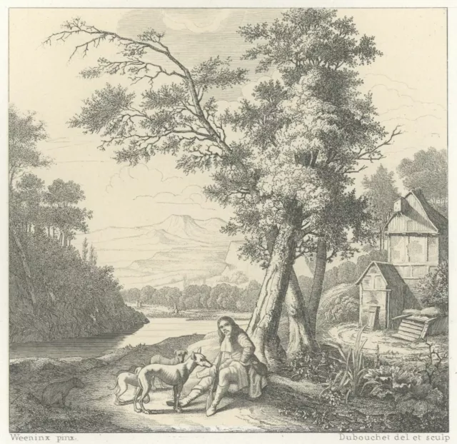 Jan Weenix Repos du Chasseur - Gravure ancienne Dubouchet XIXe