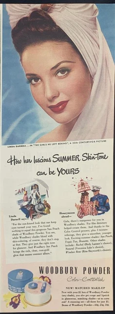 Magazine Ad* - 1943 - Woodbury Powder - World War 2 - Linda Darnell - (#2)