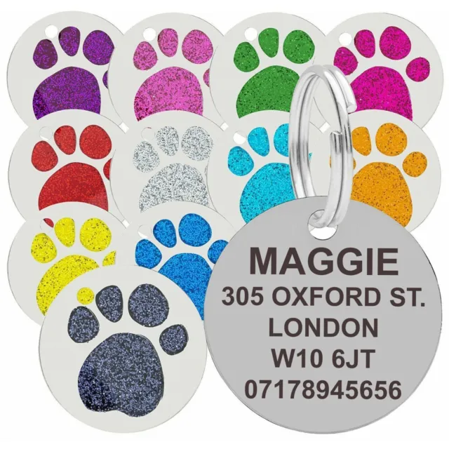 Dog Cat Pet Tag Personalised Engraved Collar ID Tags 25mm Glitter Paw Print Tag