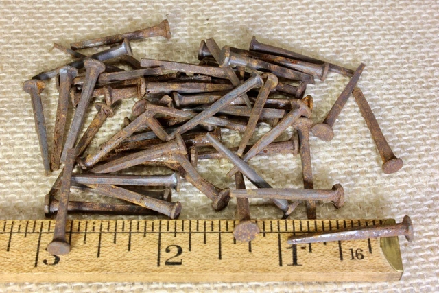 1” OLD Square NAILS 50 REAL 1850’s vintage rusty patina 3/16” medium head BRADS