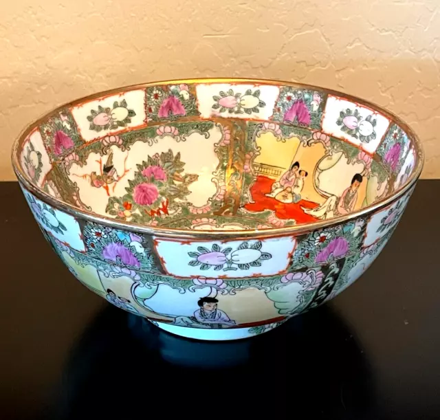 Large 10” Antique Chinese Export Famille Rose Medallion Punch Bowl