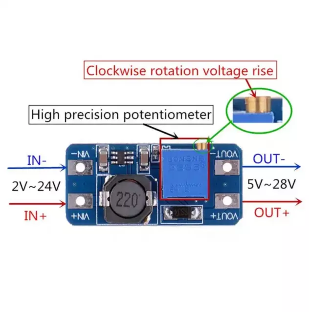 5 Pz. CONVERTITORE DC-DC REGOLATORE DI TENSIONE STEP UP 2A MT3608 5V 12V 24V 28V