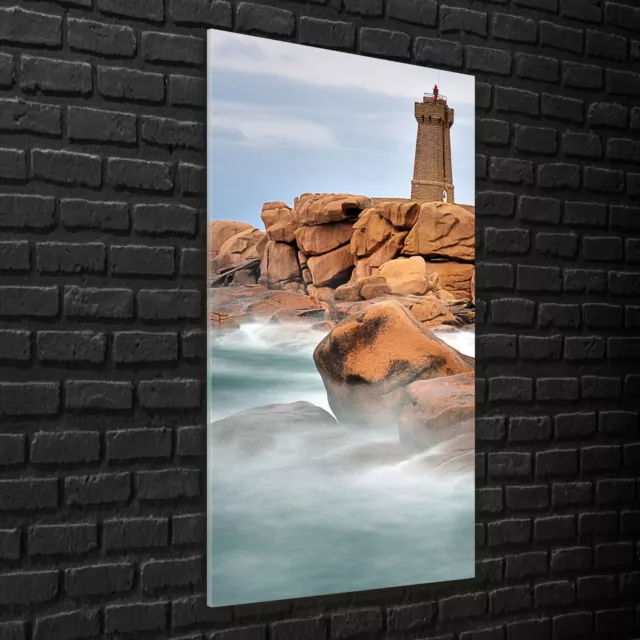 Wandbilder Glasbilder XXL 70x140 Meer Ozean Steine Felsen Küste Leuchtturm