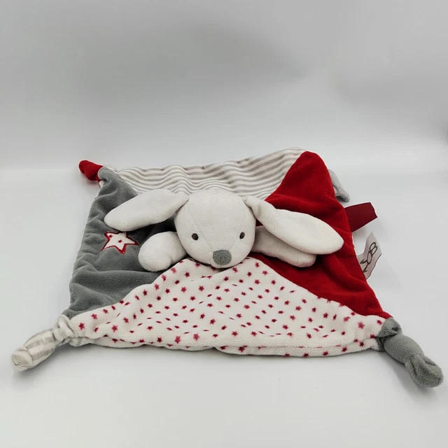 Doudou plat lapin blanc gris rouge rayé étoiles OBAIBI - 29846
