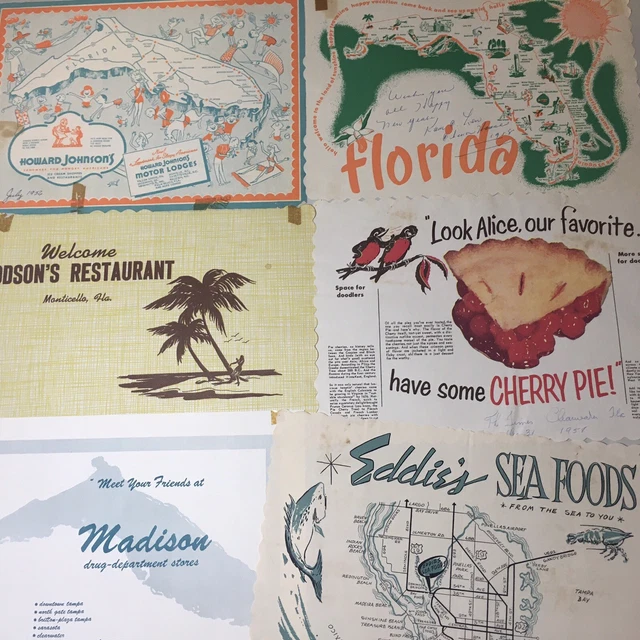Lot 1950s Florida Paper Placemat Restaurant Map Souvenir Table Mid Century 7
