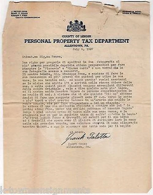 Allentown PA Frank Talotta Autograph Signed Personal Property Tax Stationery