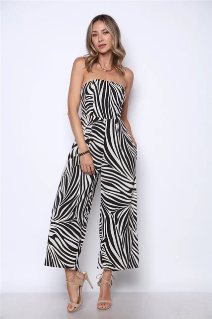 Black and White Zebra Animal Print Jumpsuit Size Small Strapless Summer Travel