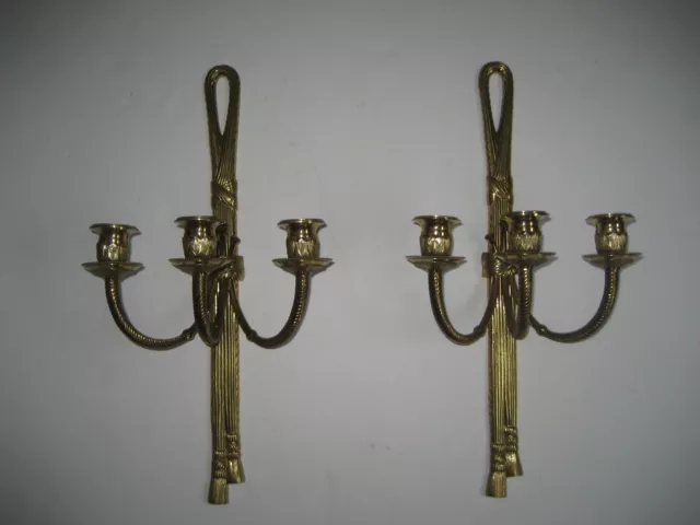 Pair of French Style Gilt Brass Three Arm Rope (Drape) & Tassel, Candle Sconces