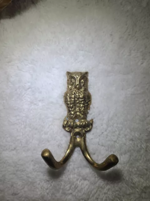 Antique Solid Brass Owl Wall Mount Double Hook - Key Holder / Hanger etc.