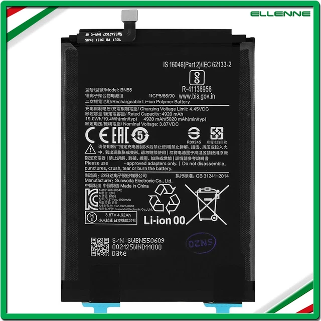 Batteria BN55 5020 MAh Per Xiaomi Redmi Note 9S / M2003J6 / M2003J6A1G &ndash; Ricambio Nuovo