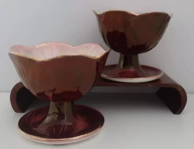 2 vintage MALING NewCastle UK pedestal DESSERT BOWL lustre ware Burgundy pink