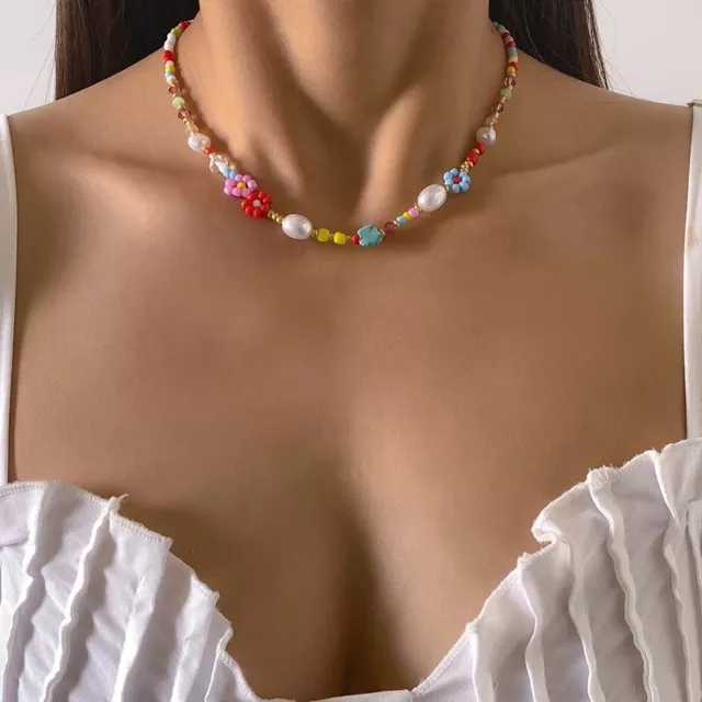Collar Mujer Colorido Perlas Blanco Collar de Playa Cadena de Verano Niños K214