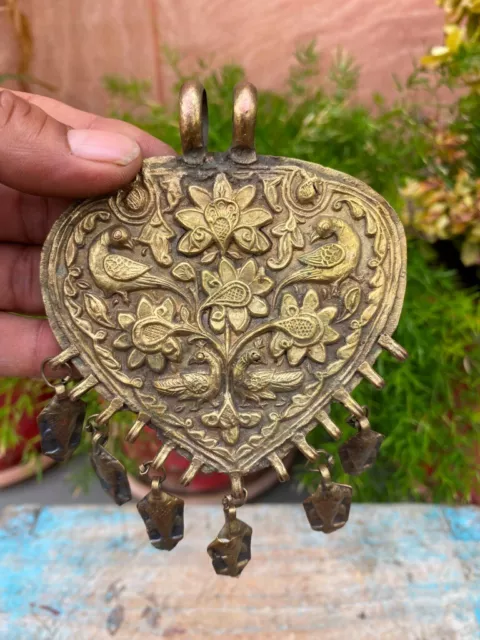 Ancient Copper Hand Carve Peacock Gold Plated Big Necklace Pendant Plaque