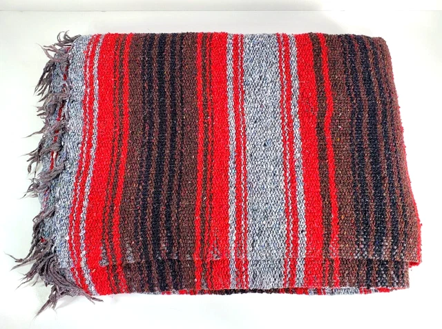 Vtg Woven Mexican Falsa Blanket Serape Throw Yoga Mat Red Gray Acrylic 48"x71"