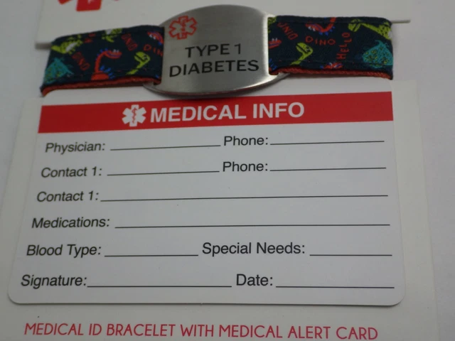 Pulsera de identificación médica con tarjeta de alerta médica tipo 1 diabetes dinosaurios niño