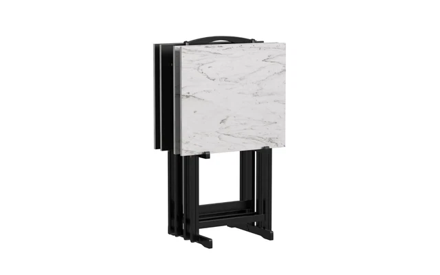 5-Piece Wood and White Faux Marble Folding TV Snack Tray Table Set with Stand