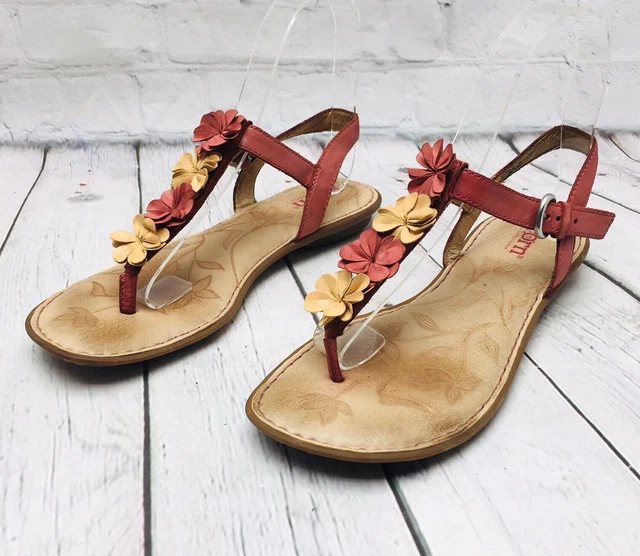 Born Women's Floral Red Leather Flowers Thong Sandals Slingback Flip Flop-Sz 5 M