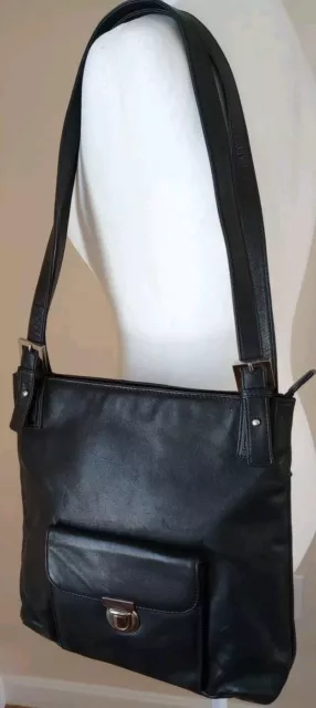 Osgoode Marley Double Strap Leather Shoulder Bag Zip Top Med. Black/Silver NWOT