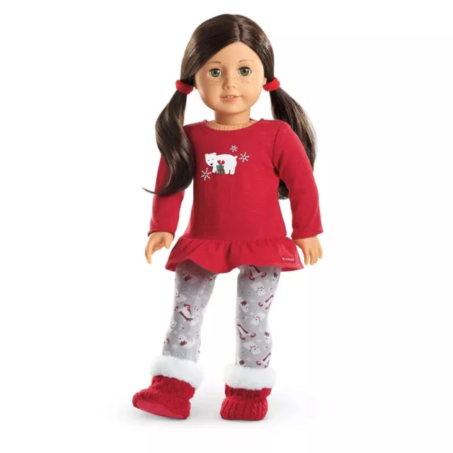 American Girl Doll Clothes Playful Polar Bear Holiday Red PJs Slippers Hairbands