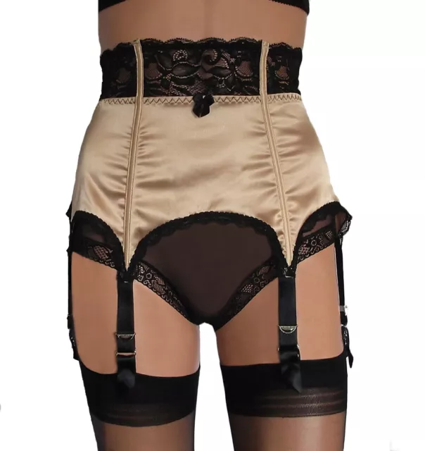 Satin 6 Strap Suspender Belt / Waspie with Lace High Waist and Front Boning 2