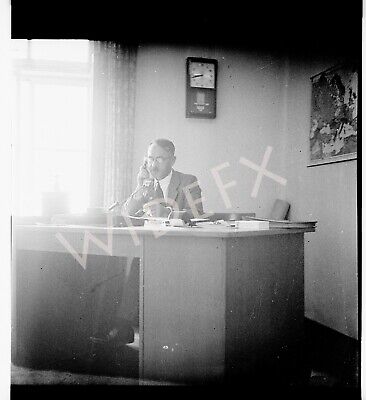 1940s Era Germany Photo Negative Gentleman Sitting At Desk With Little Mustache