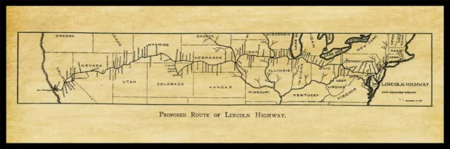 1913 Lincoln Highway Proposed Route Map NEW Metal Sign -  6"x18"