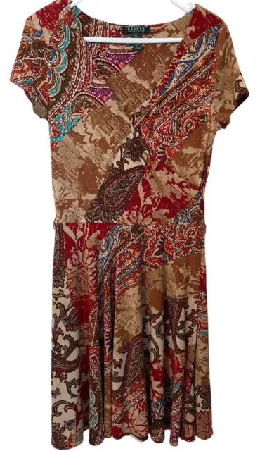 Lauren Ralph Lauren Size M Stretchy Mixed Print Short Sleeve Fit & Flare Dress