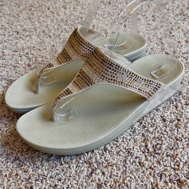 FitFlop Strobe Luxe Toe-Thong Gold Glittery Crystal Sandals Sz 10 (42) EXCELLENT