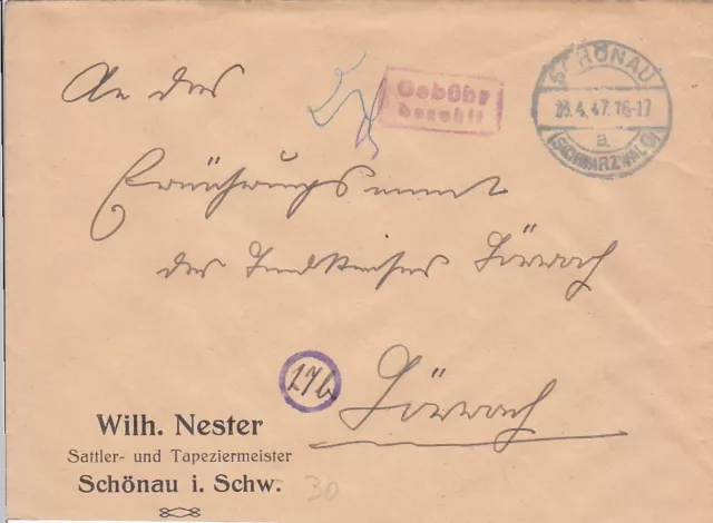 F.Zone - SCHÖNAU  (SCHWARZWALD) - Gebühr bezahlt - Brief - 1947