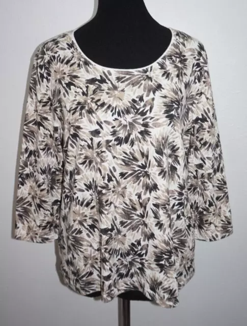 Karen Scott Petites Tan White Black Abstract T Shirt Top Womans Sz PL 3/4 Sleeve