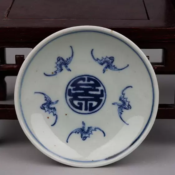 Blue white porcelain Old China plate Handmade Collection bat 3.42inch