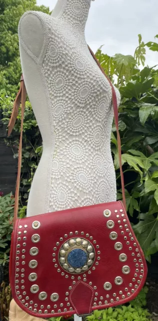 Handmade Vintage leather studded Stones western boho satchel cross body bag