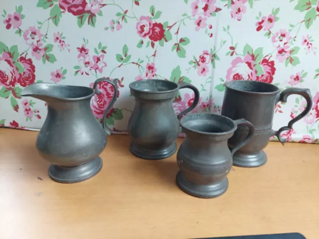 antique vintage pewter jug and tankard x 4