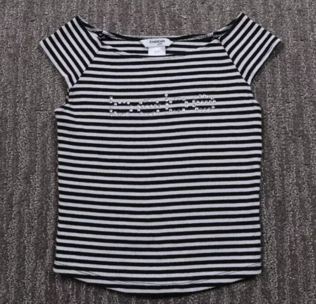 Bebe Girls Y2K Top S Black and White Stripe Rhinestone Logo Cap Sleeve Rib Knit