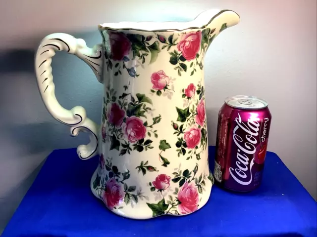 Estate Antique Porcelain Pitcher 9" Tall Pink Roses with Gold Accents     723