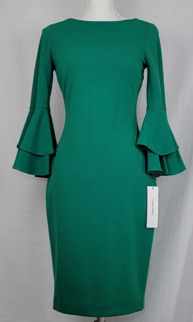 Calvin Klein Green Double Tiered Bell Sleeve Sheath Women's Dress Size 2 New